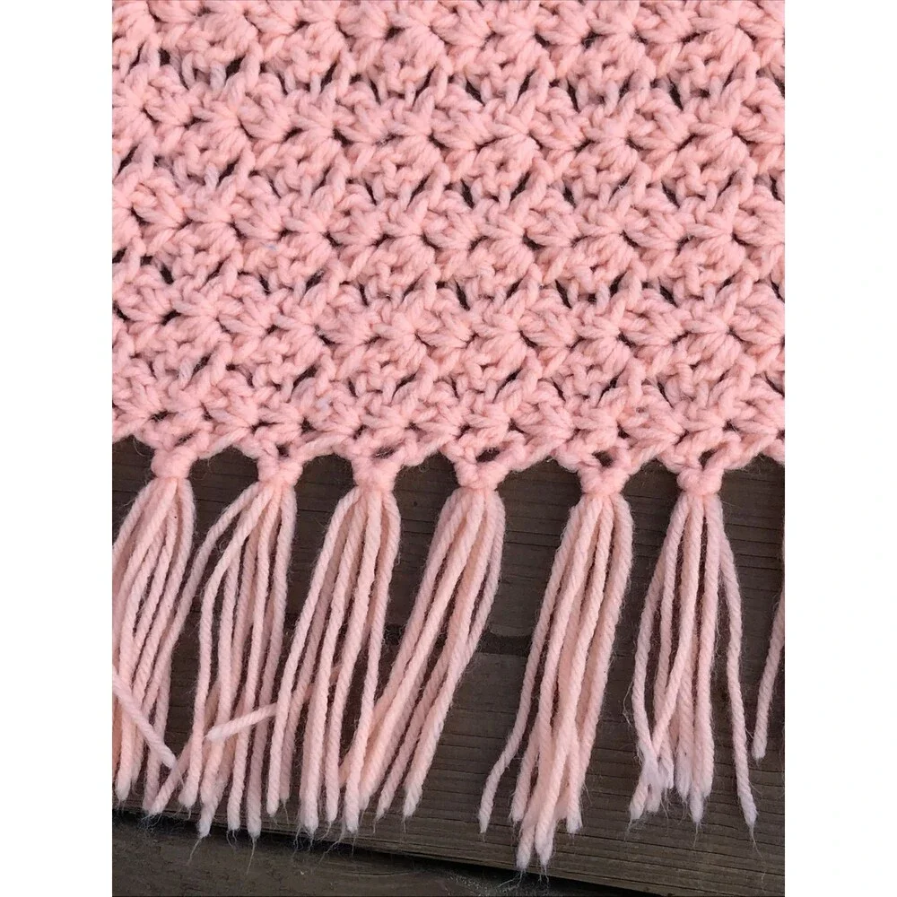 Vintage Handmade Crochet Blanket Afghan 40x63” Peach Fringe EUC